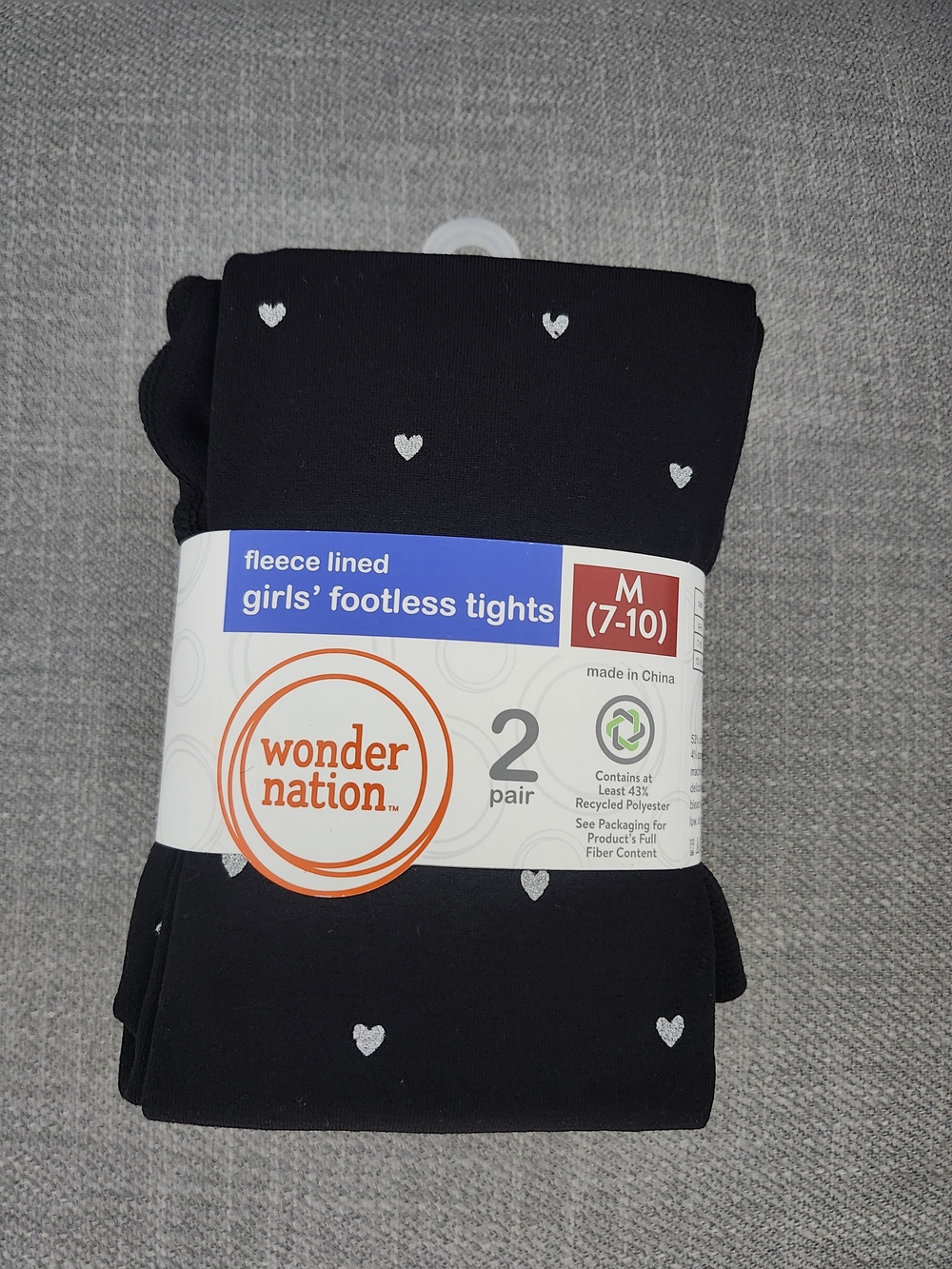 Wonder Nation Girls' Fleece Lined Footless Tights - Black with Silver Hearts